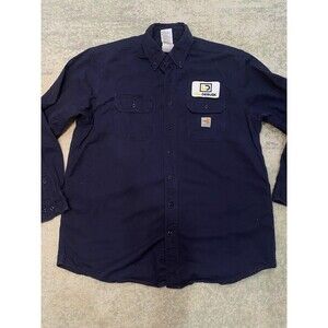 Carhartt Force FR Flannel Shirt Mens XL Navy Blue Flame Resistance Business Logo